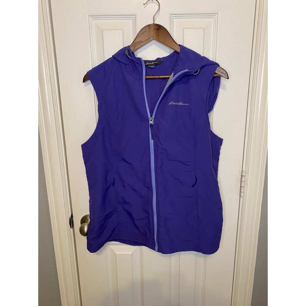 Eddie Bauer Windbreaker Vest Womens Large Purple Hooded Full Zip Lightweight